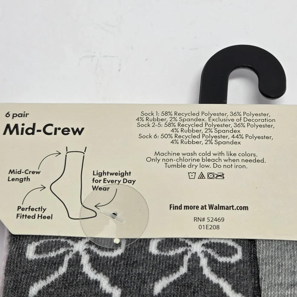 No Boundaries Women's Mid-Crew Socks 6 Pairs Bow Multicolor Size 4-10